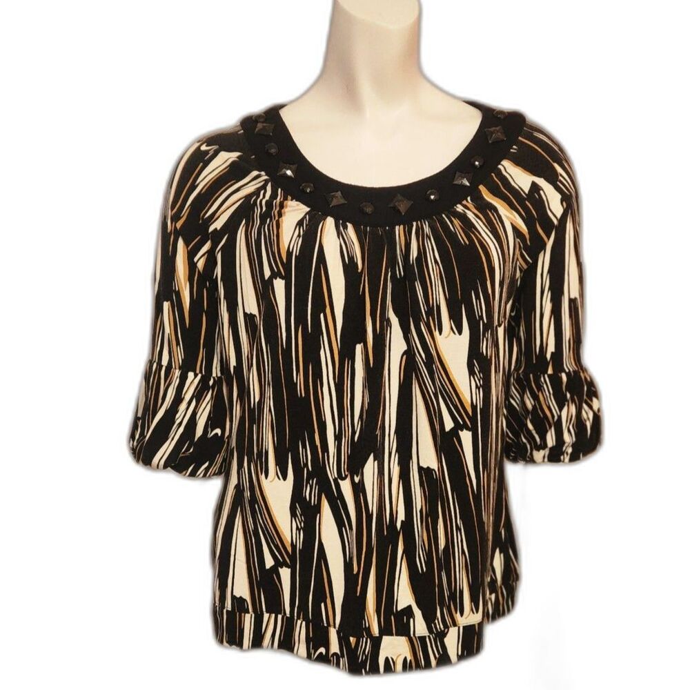 APOSTROPHE Black White Tan 3/4 Length Sleeve Blouse Womens Size MP